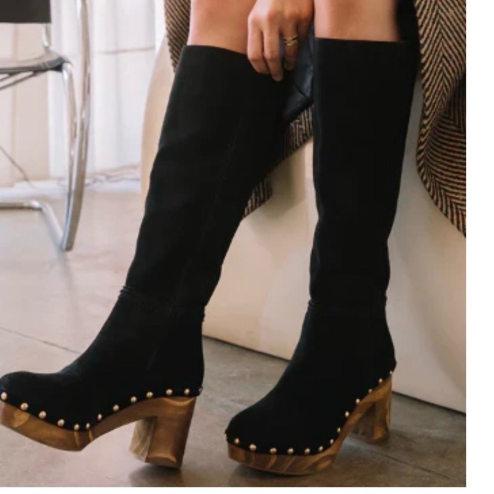 NIB Matisse Daniela Black Suede Knee-High Platform Boots with Wooden Clog Heel 8